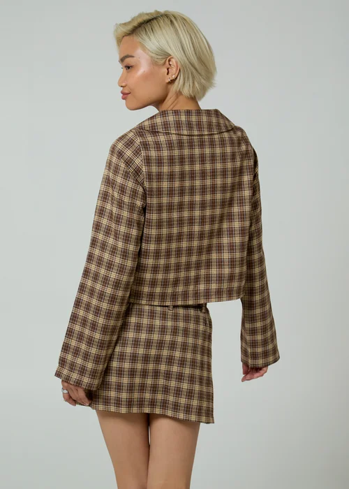 Neon Rose Brown Plaid Check Long Sleeve Bow Tie Cropped Jacket - L Image 2