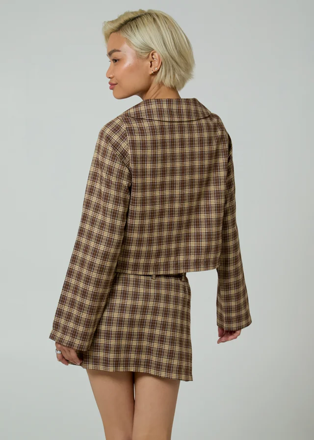 Neon Rose Brown Plaid Check Long Sleeve Bow Tie Cropped Jacket