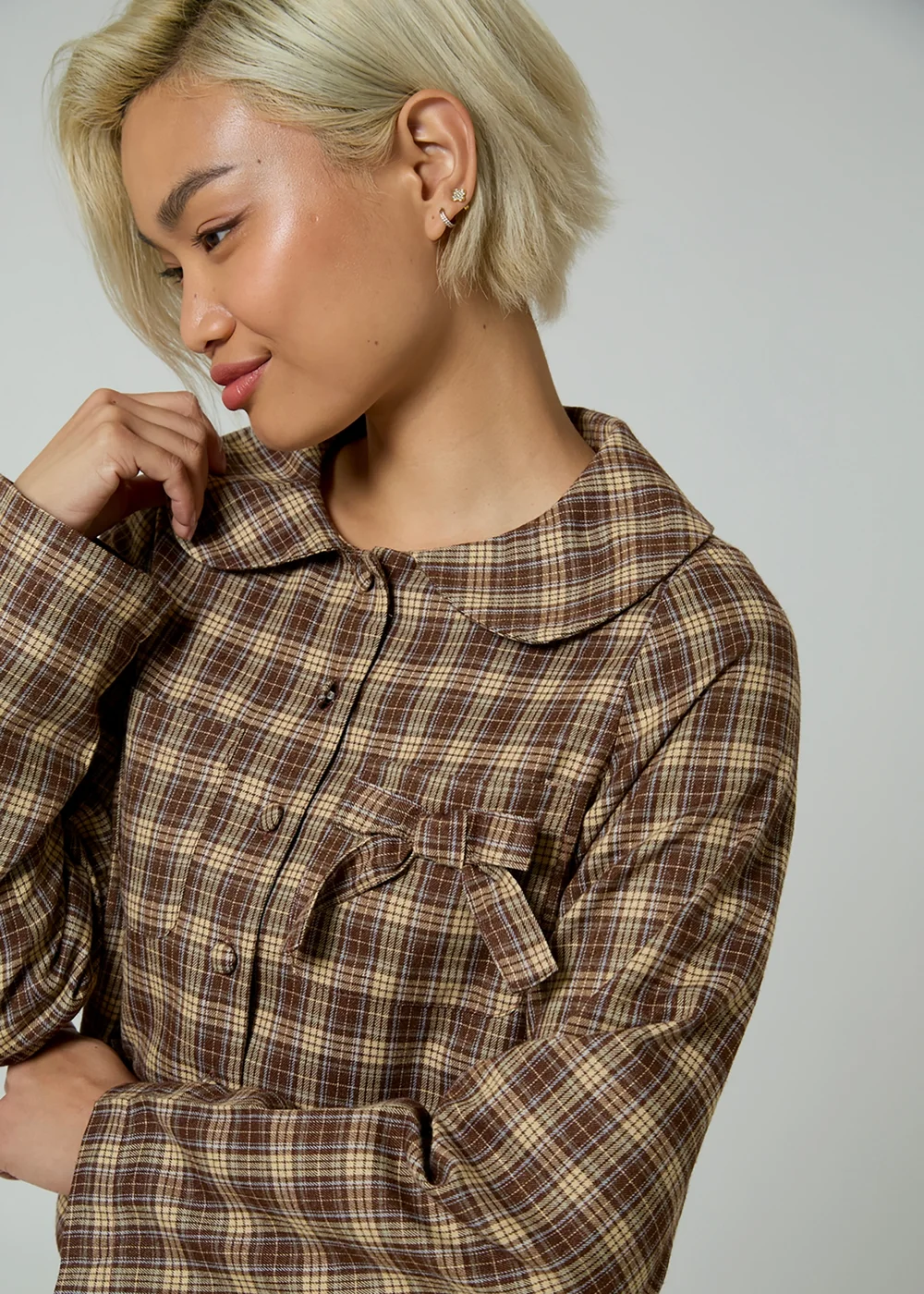 Neon Rose Brown Plaid Check Long Sleeve Bow Tie Cropped Jacket - L Image 5