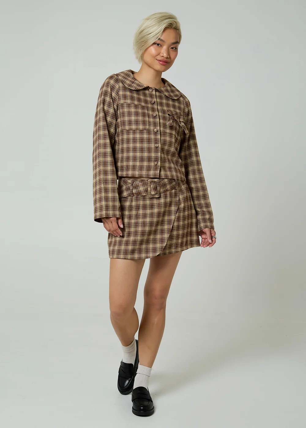 Neon Rose Brown Plaid Check Long Sleeve Bow Tie Cropped Jacket - L Image 4