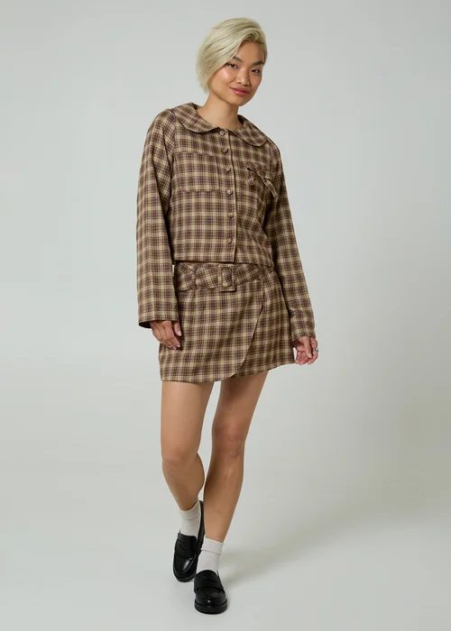 Neon Rose Brown Plaid Check Long Sleeve Bow Tie Cropped Jacket - L Image 4