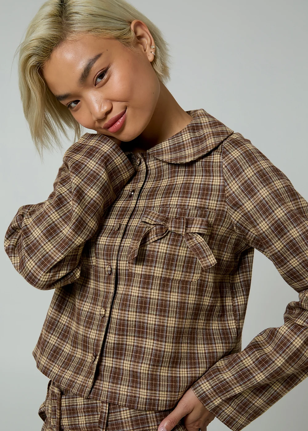 Neon Rose Brown Plaid Check Long Sleeve Bow Tie Cropped Jacket - L Image 3