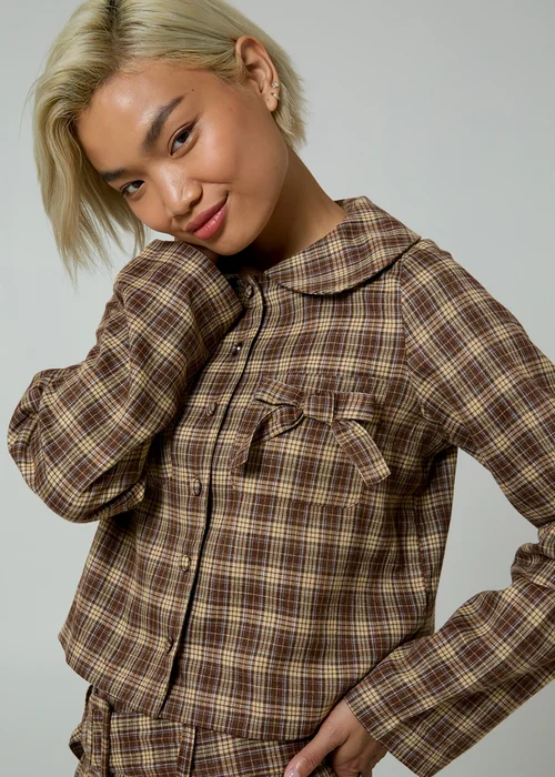 Neon Rose Brown Plaid Check Long Sleeve Bow Tie Cropped Jacket - L Image 3
