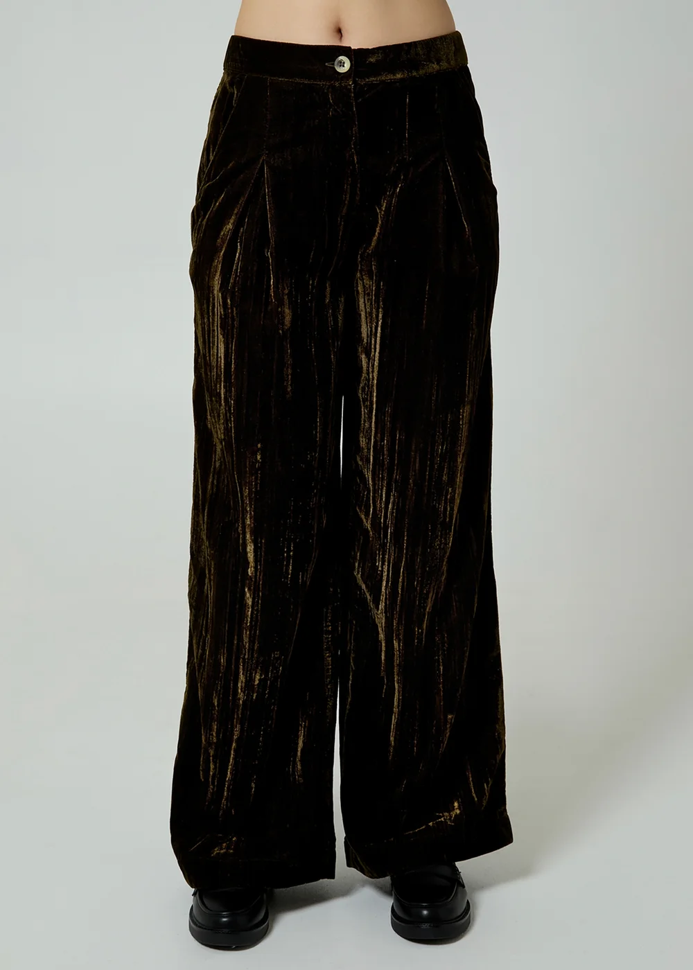 Neon Rose Olive Velvet Wide Leg High Waist Pleated Trousers - L Image 1