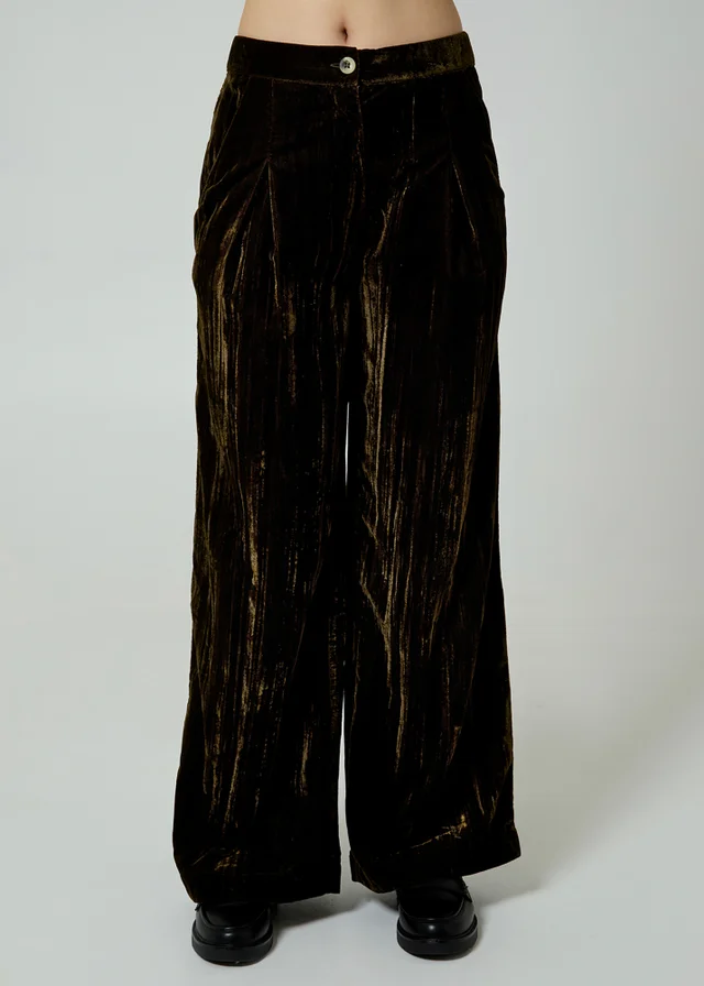 Neon Rose Olive Velvet Wide Leg High Waist Pleated Trousers