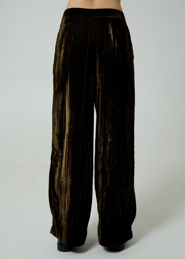 Neon Rose Olive Velvet Wide Leg High Waist Pleated Trousers
