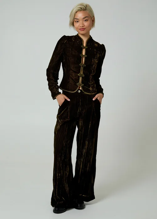 Neon Rose Olive Velvet Wide Leg High Waist Pleated Trousers - L Image 4