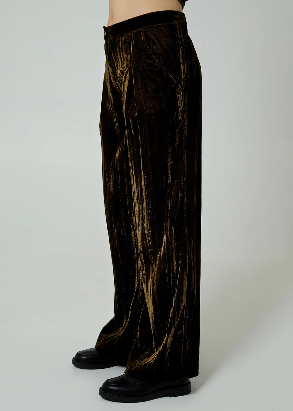 Neon Rose Olive Velvet Wide Leg High Waist Pleated Trousers - L Image 5