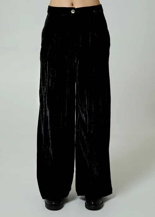 Neon Rose Black Velvet Wide Leg High Waist Pleated Trousers - L Image 5