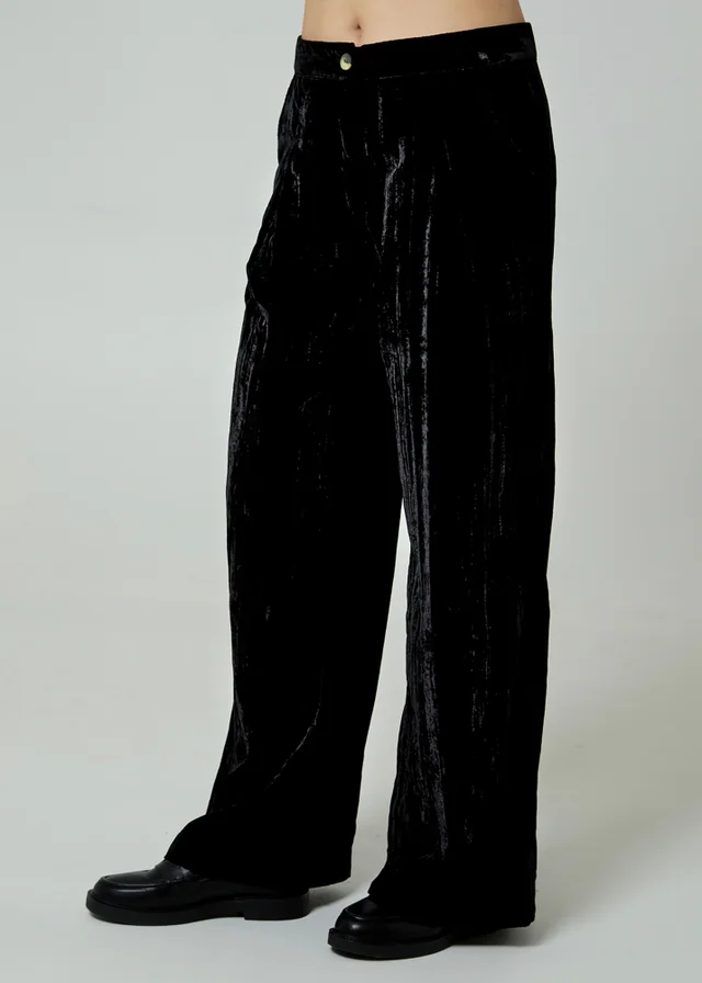 Neon Rose Black Velvet Wide Leg High Waist Pleated Trousers