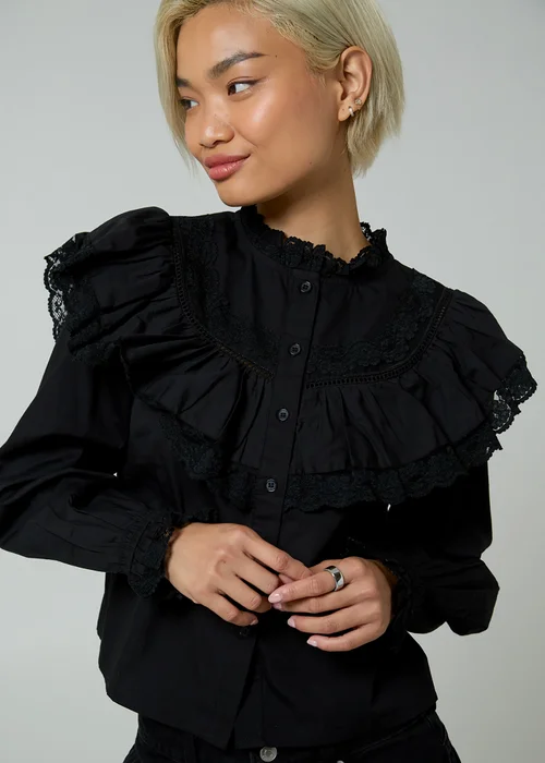 Neon Rose Black Cotton Frill Collar Poplin Long Sleeve Boxy-Fit Blouse - XS Image 3