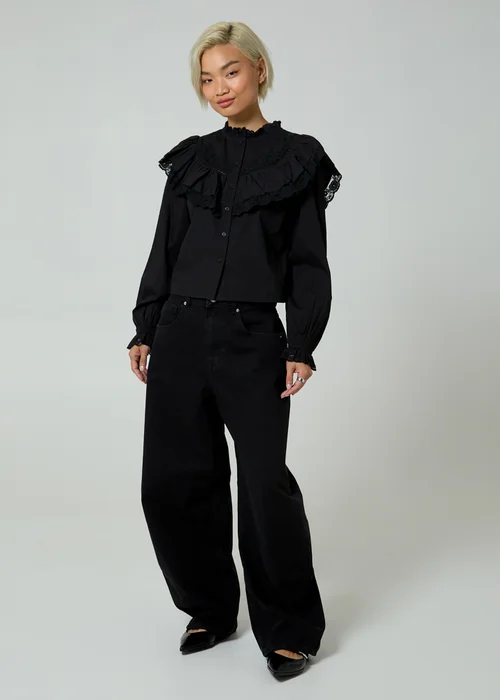Neon Rose Black Cotton Frill Collar Poplin Long Sleeve Boxy-Fit Blouse - XS Image 4