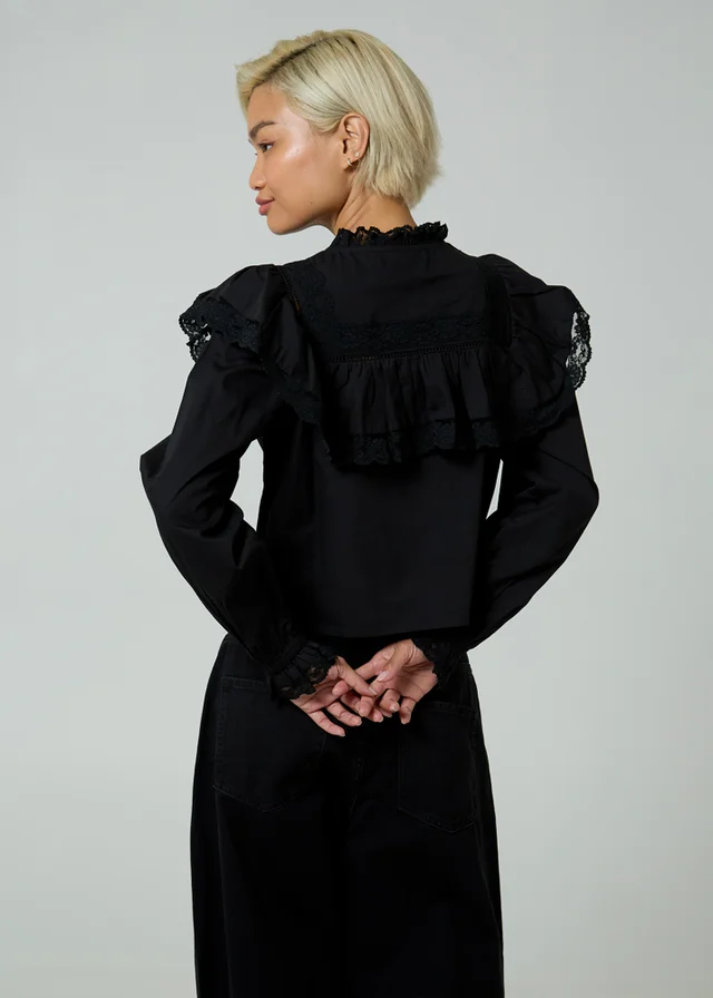 Neon Rose Black Cotton Frill Collar Poplin Long Sleeve Boxy-Fit Blouse