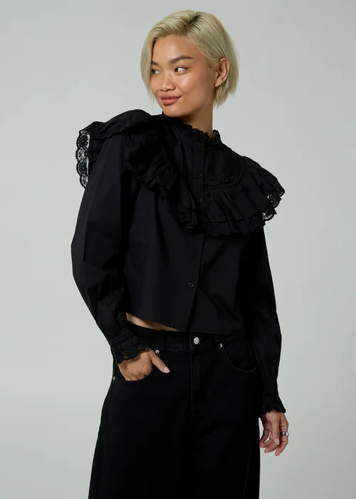 Neon Rose Black Cotton Frill Collar Poplin Long Sleeve Boxy-Fit Blouse - XS Image 1