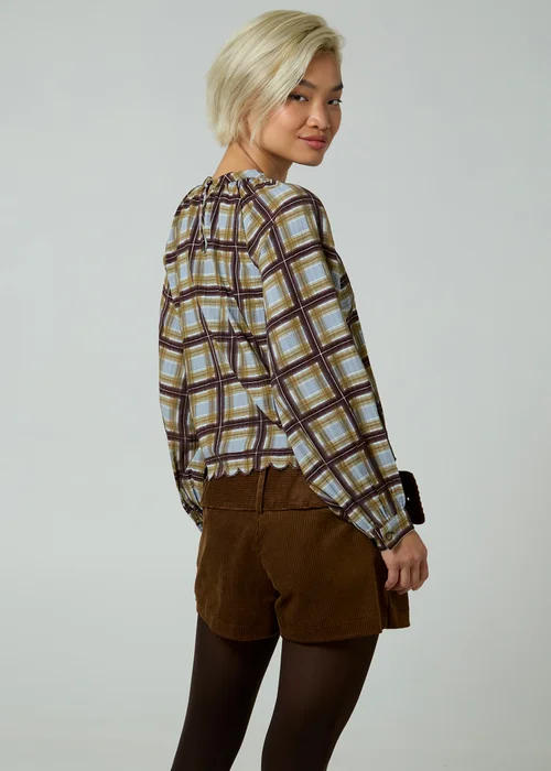 Neon Rose Green Plaid Check Long Puff Sleeve Neck Tie Blouse - XL Image 2