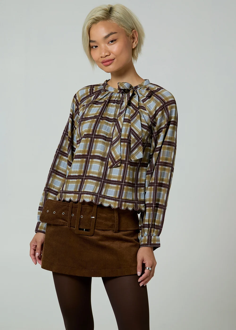 Neon Rose Green Plaid Check Long Puff Sleeve Neck Tie Blouse - XL Image 1