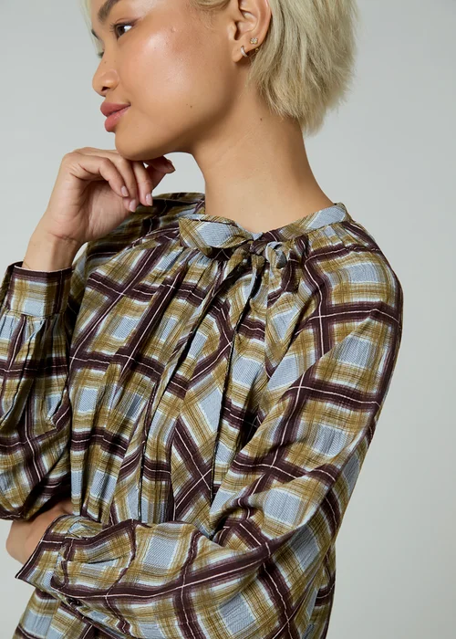 Neon Rose Green Plaid Check Long Puff Sleeve Neck Tie Blouse - XL Image 3