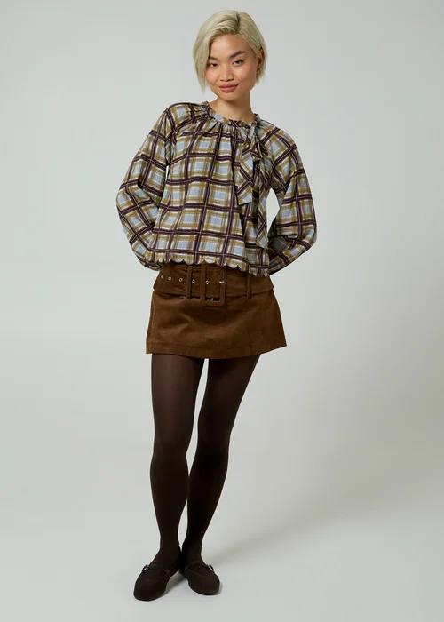 Neon Rose Green Plaid Check Long Puff Sleeve Neck Tie Blouse - XL Image 4