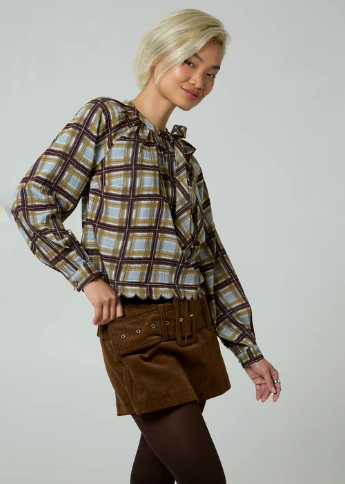 Neon Rose Green Plaid Check Long Puff Sleeve Neck Tie Blouse - XL Image 5
