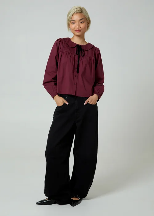 Neon Rose Burgundy Peter Pan Collar Long Balloon Sleeve Velvet Neck Tie Blouse - XS Image 4