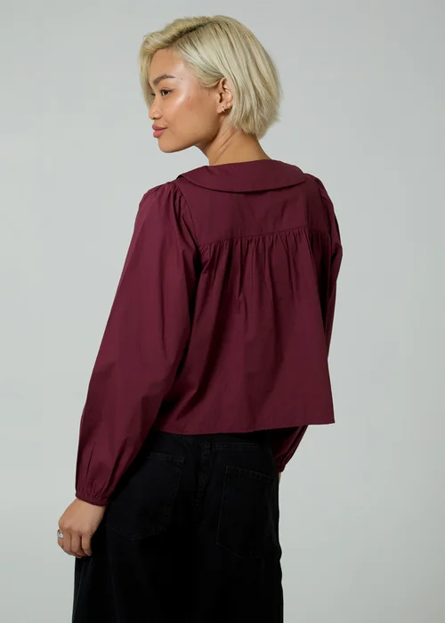Neon Rose Burgundy Peter Pan Collar Long Balloon Sleeve Velvet Neck Tie Blouse - XS Image 2