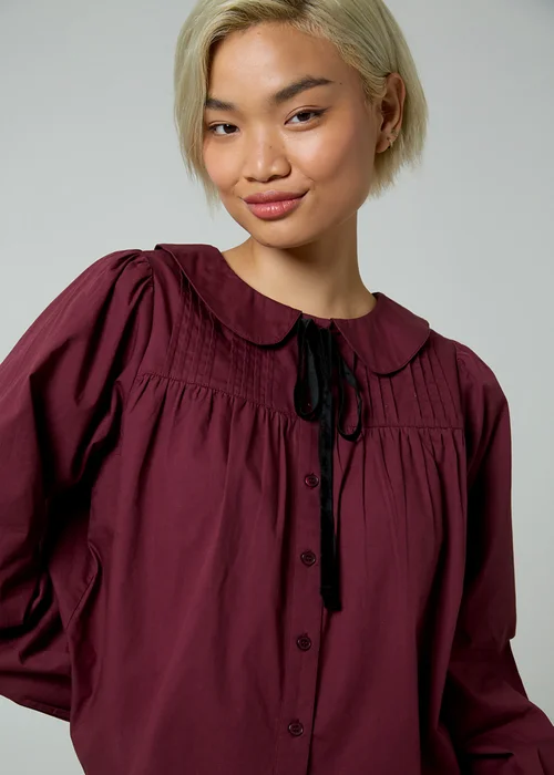 Neon Rose Burgundy Peter Pan Collar Long Balloon Sleeve Velvet Neck Tie Blouse - XS Image 3