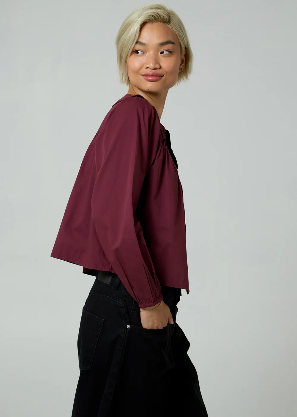 Neon Rose Burgundy Peter Pan Collar Long Balloon Sleeve Velvet Neck Tie Blouse - XS Image 5