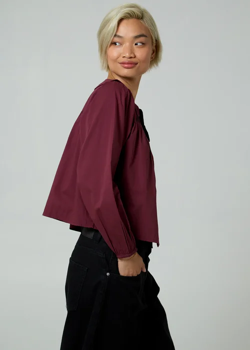 Neon Rose Burgundy Peter Pan Collar Long Balloon Sleeve Velvet Neck Tie Blouse - XS Image 5