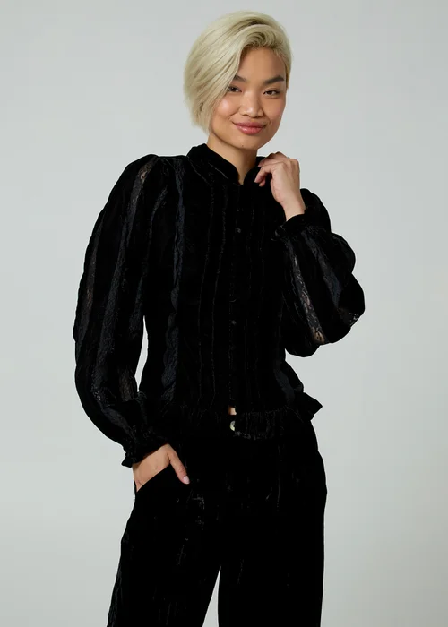 Neon Rose Black Velvet Mandarin Collar Lace Long Sleeve Blouse - S Image 4
