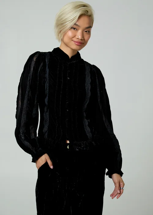 Neon Rose Black Velvet Mandarin Collar Lace Long Sleeve Blouse - S Image 1