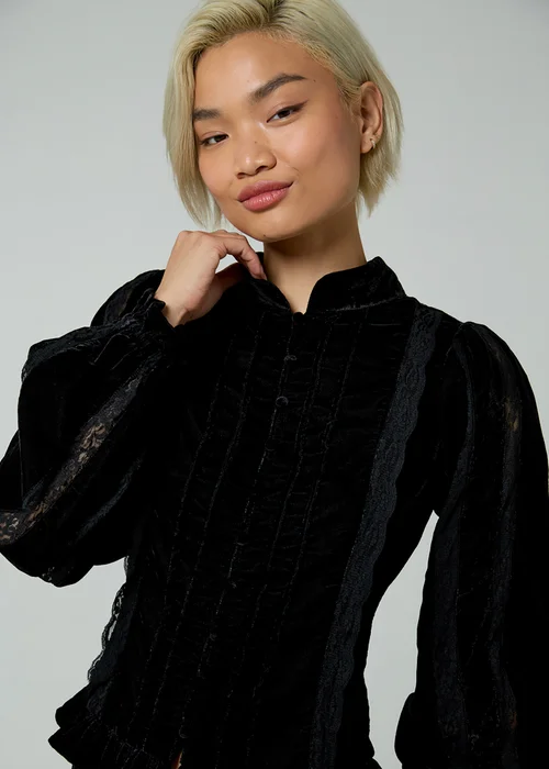 Neon Rose Black Velvet Mandarin Collar Lace Long Sleeve Blouse - S Image 3