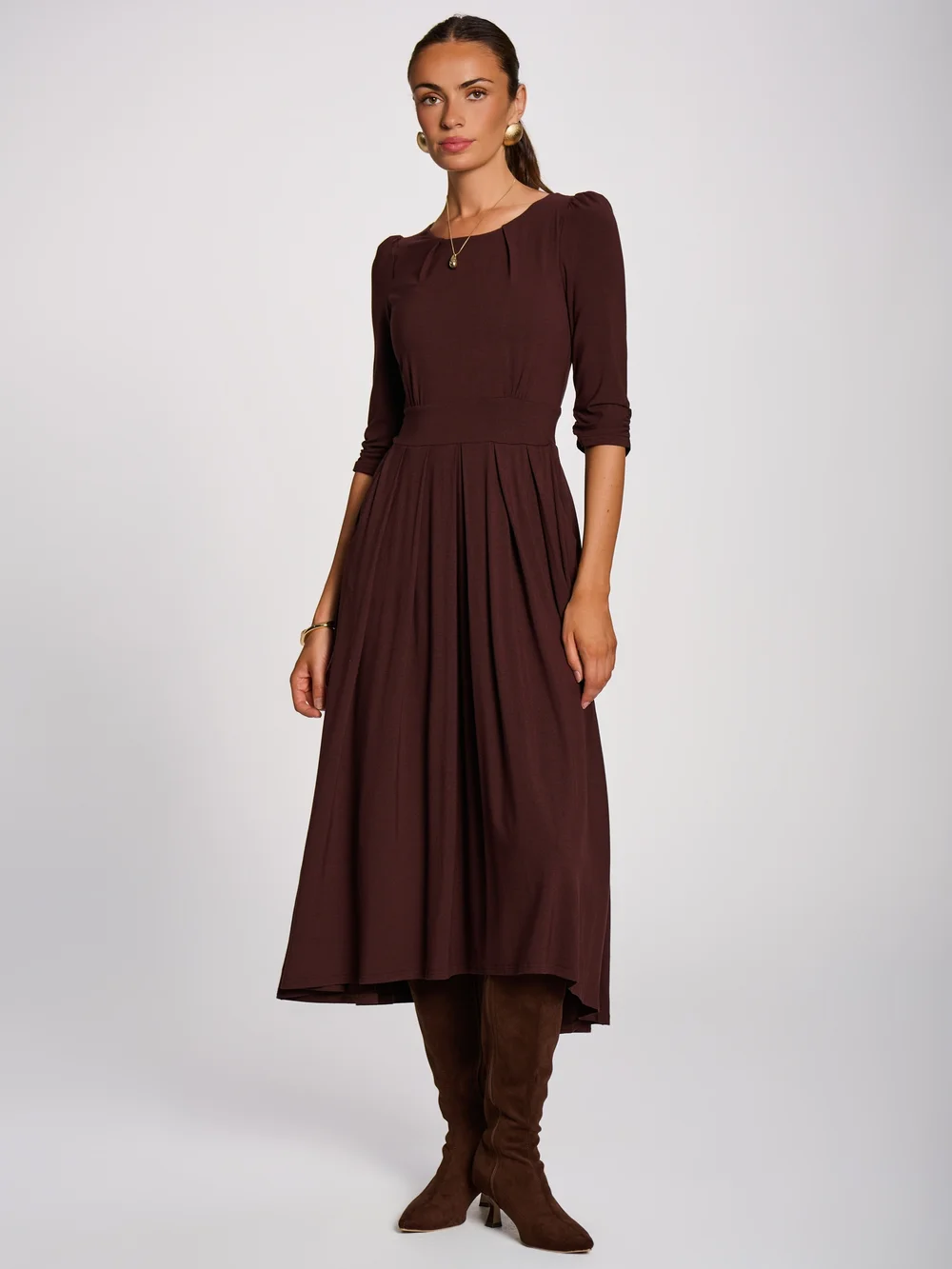 Jolie Moi Brown 3/4 Sleeve Modal Viscose Midi Dress - 14 Image 4