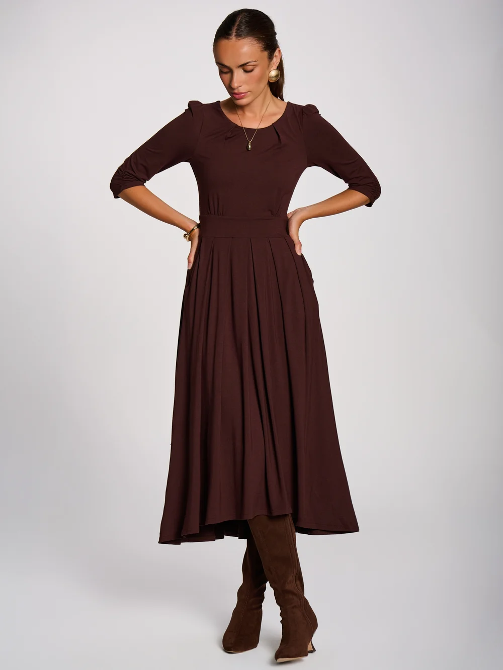 Jolie Moi Brown 3/4 Sleeve Modal Viscose Midi Dress - 14 Image 3