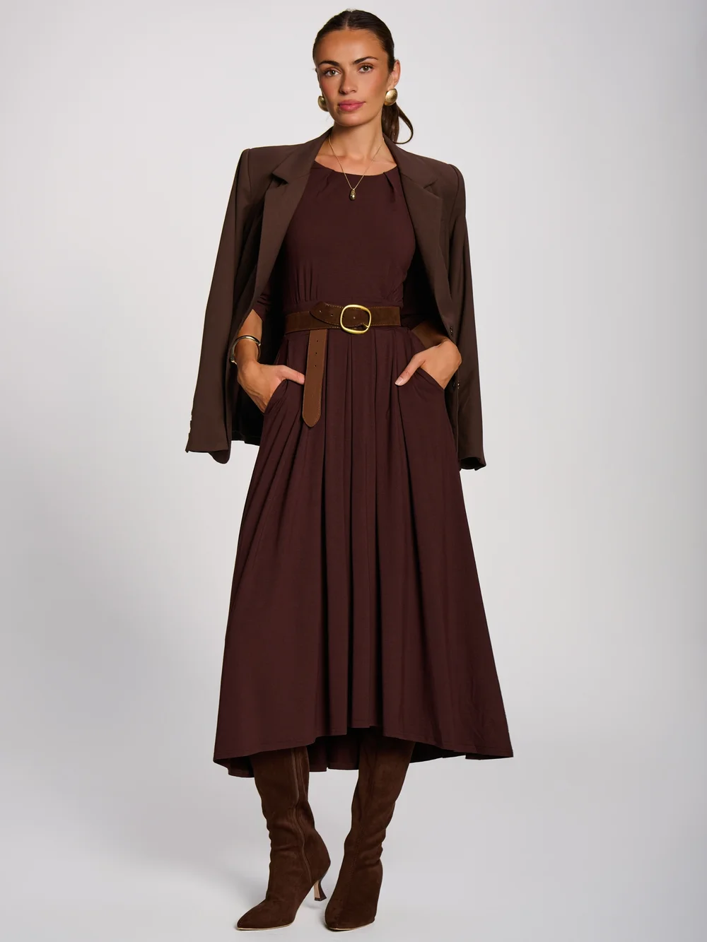 Jolie Moi Brown 3/4 Sleeve Modal Viscose Midi Dress - 14 Image 5