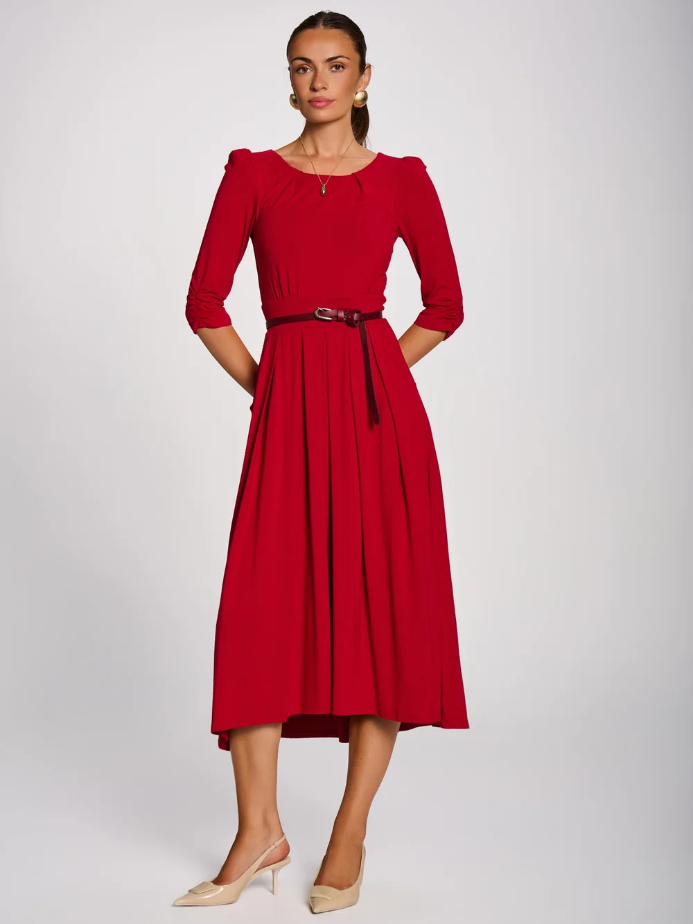 Jolie Moi Red 3/4 Sleeve Modal Viscose Midi Dress - 14 Image 3