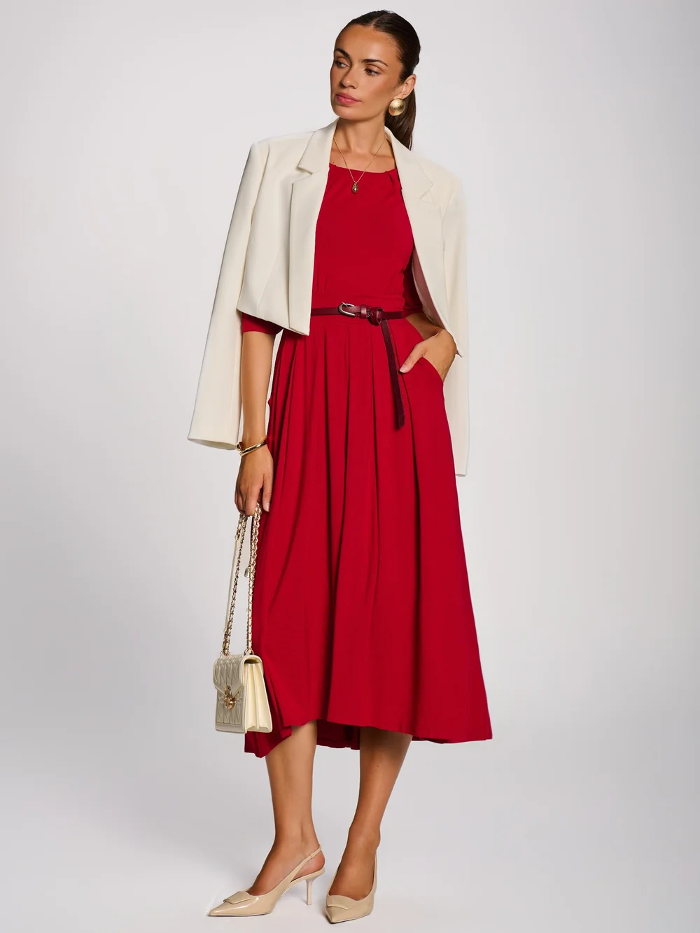 Jolie Moi Red 3/4 Sleeve Modal Viscose Midi Dress - 14 Image 4