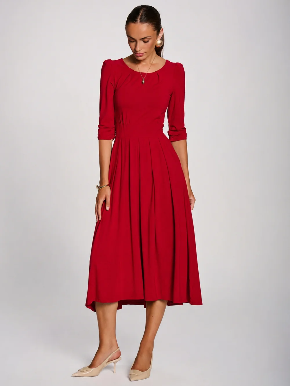 Jolie Moi Red 3/4 Sleeve Modal Viscose Midi Dress - 14 Image 1