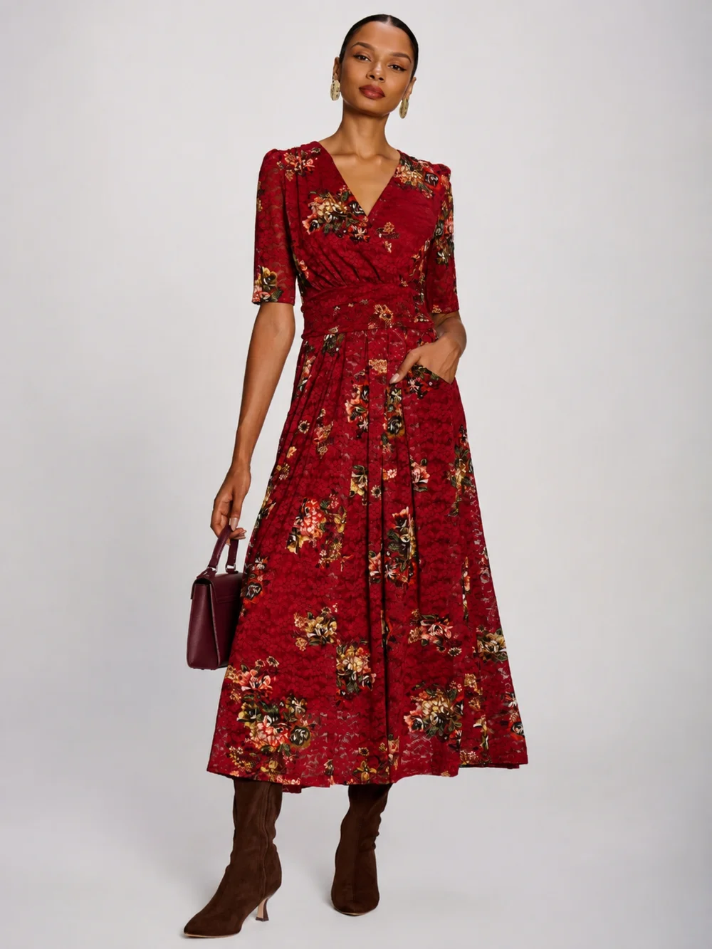 Jolie Moi Red Floral Half Sleeve Print Lace Maxi Dress - 8 Image 1