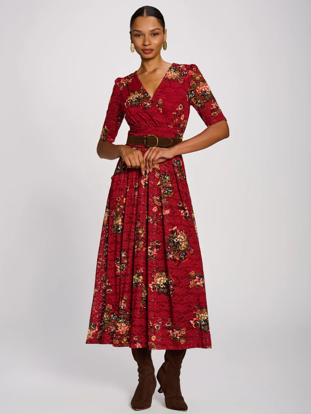 Jolie Moi Red Floral Half Sleeve Print Lace Maxi Dress - 8 Image 3