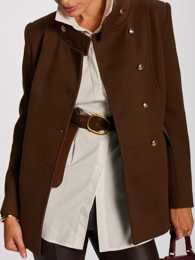 Jolie Moi Brown Military Structured Stand Collar Jacket