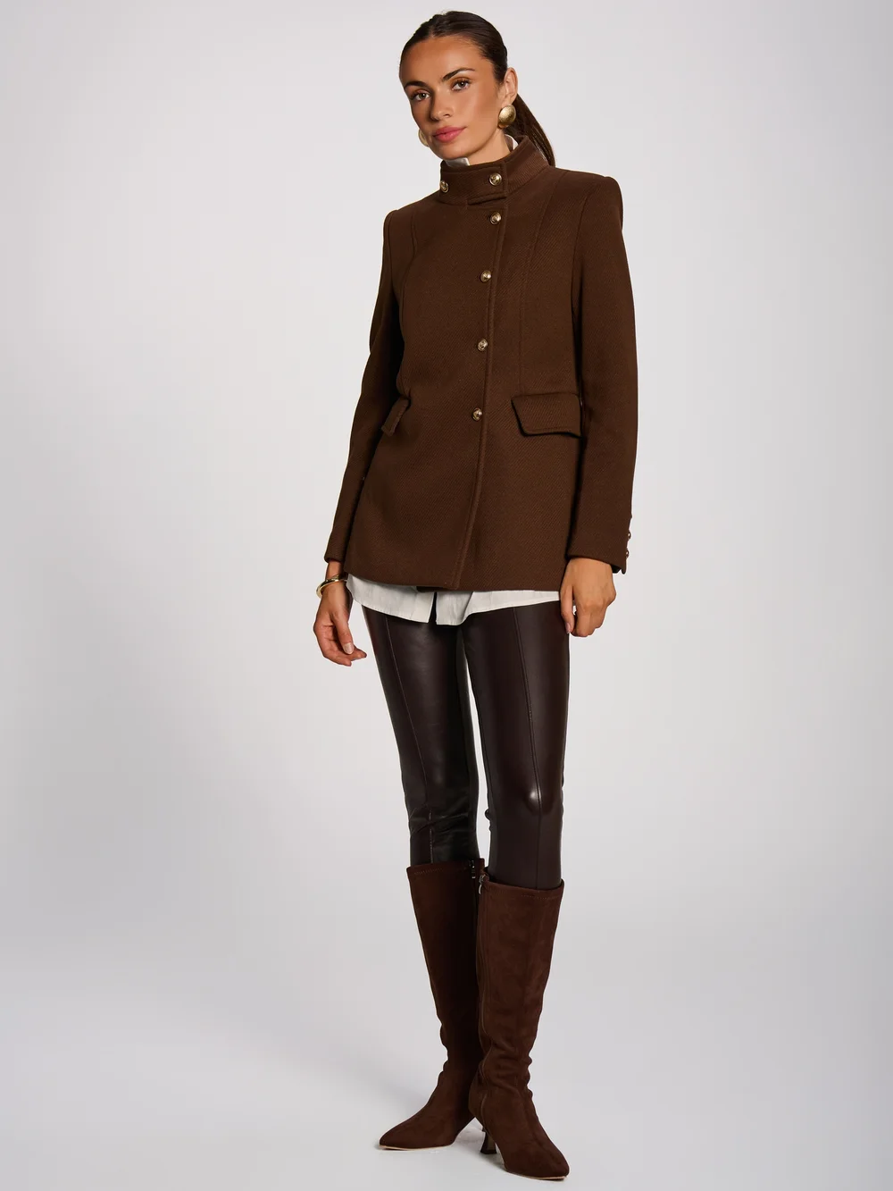 Jolie Moi Brown Military Structured Stand Collar Jacket - 18 Image 3