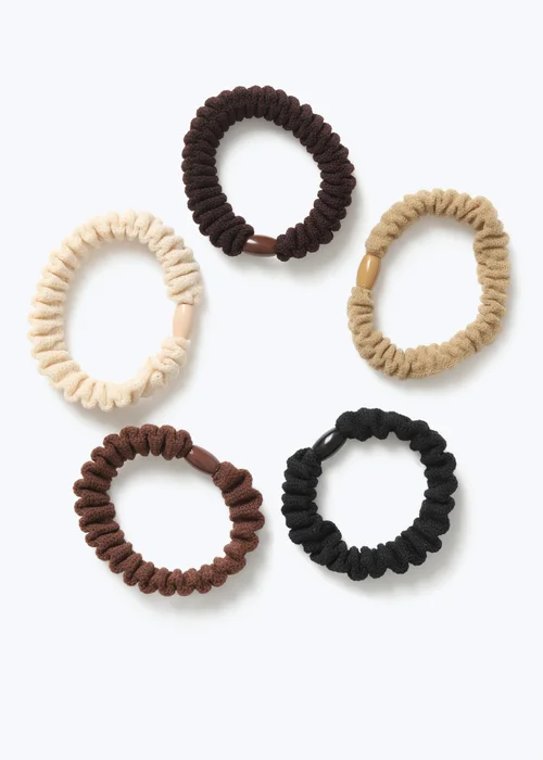 5 Pack Knitted Brown Scrunchies - One Size Image 1