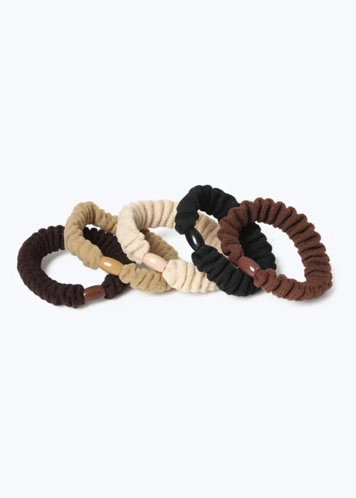 5 Pack Knitted Brown Scrunchies - One Size Image 2
