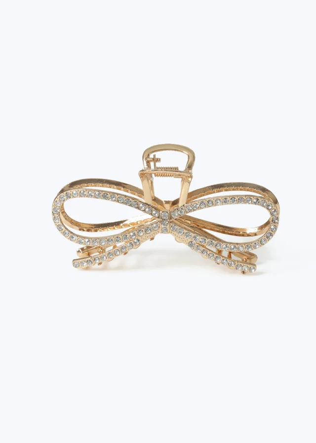 Muse Gold Rhinestone Metal Bow Claw Clip