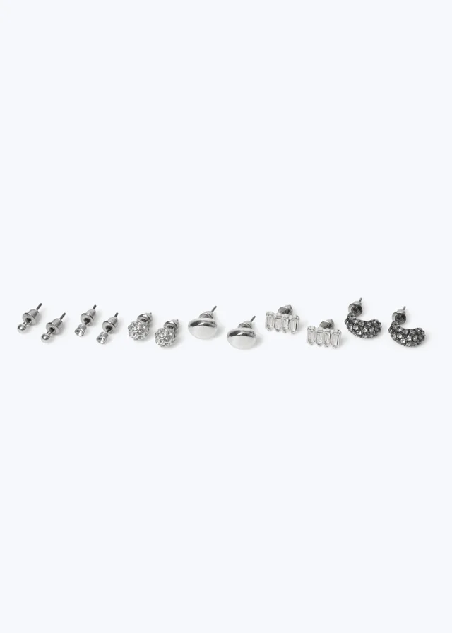 Muse 6 Pack Silver Baguette Mixed Stud Earrings