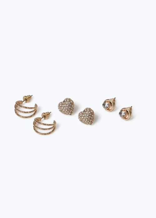 Muse 3 Pack Gold Rhinestone Heart Mixed Stud Earrings - One Size Image 2