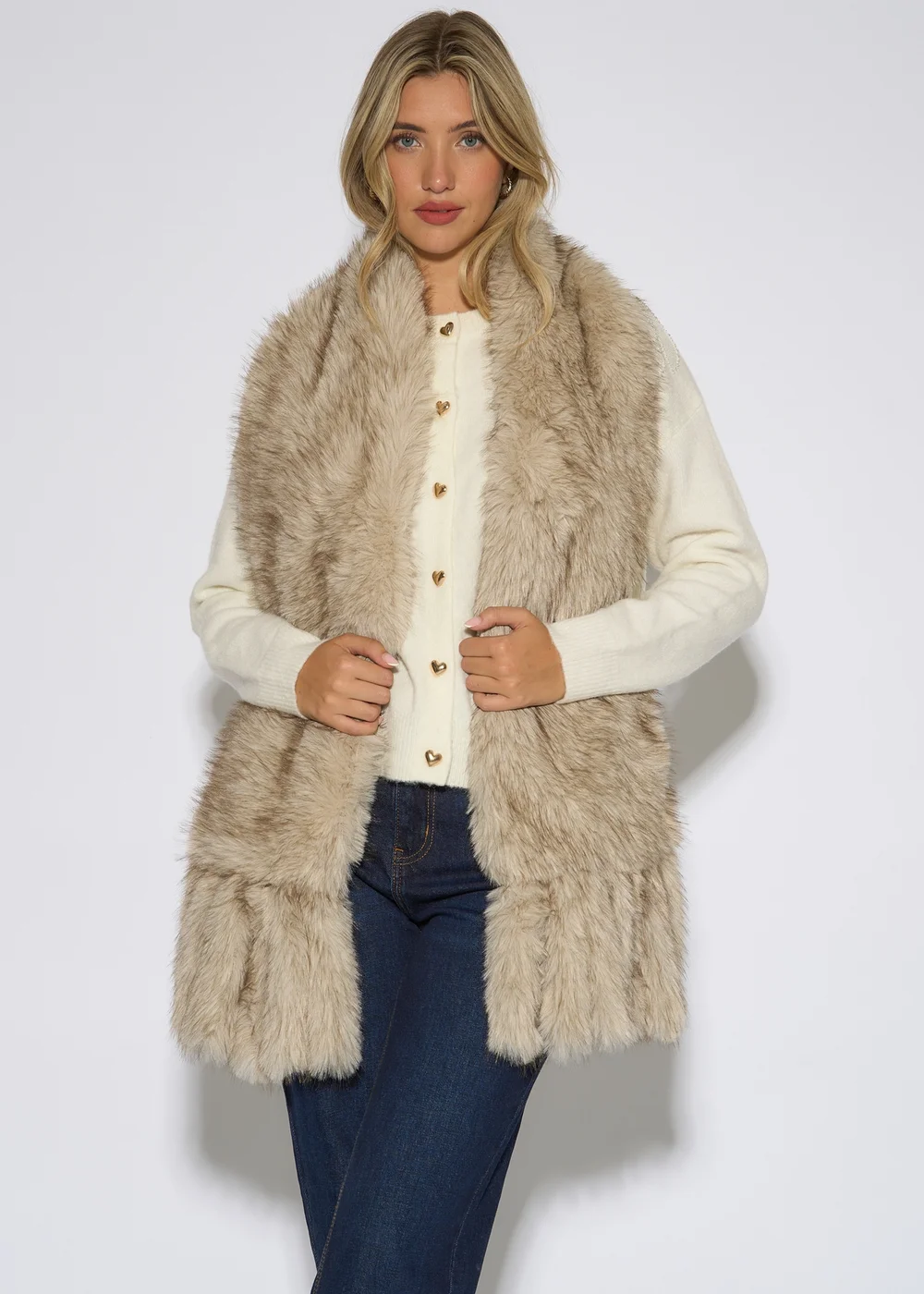 Gini London Off White Faux Fur Tassel Scarf - One Size Image 3
