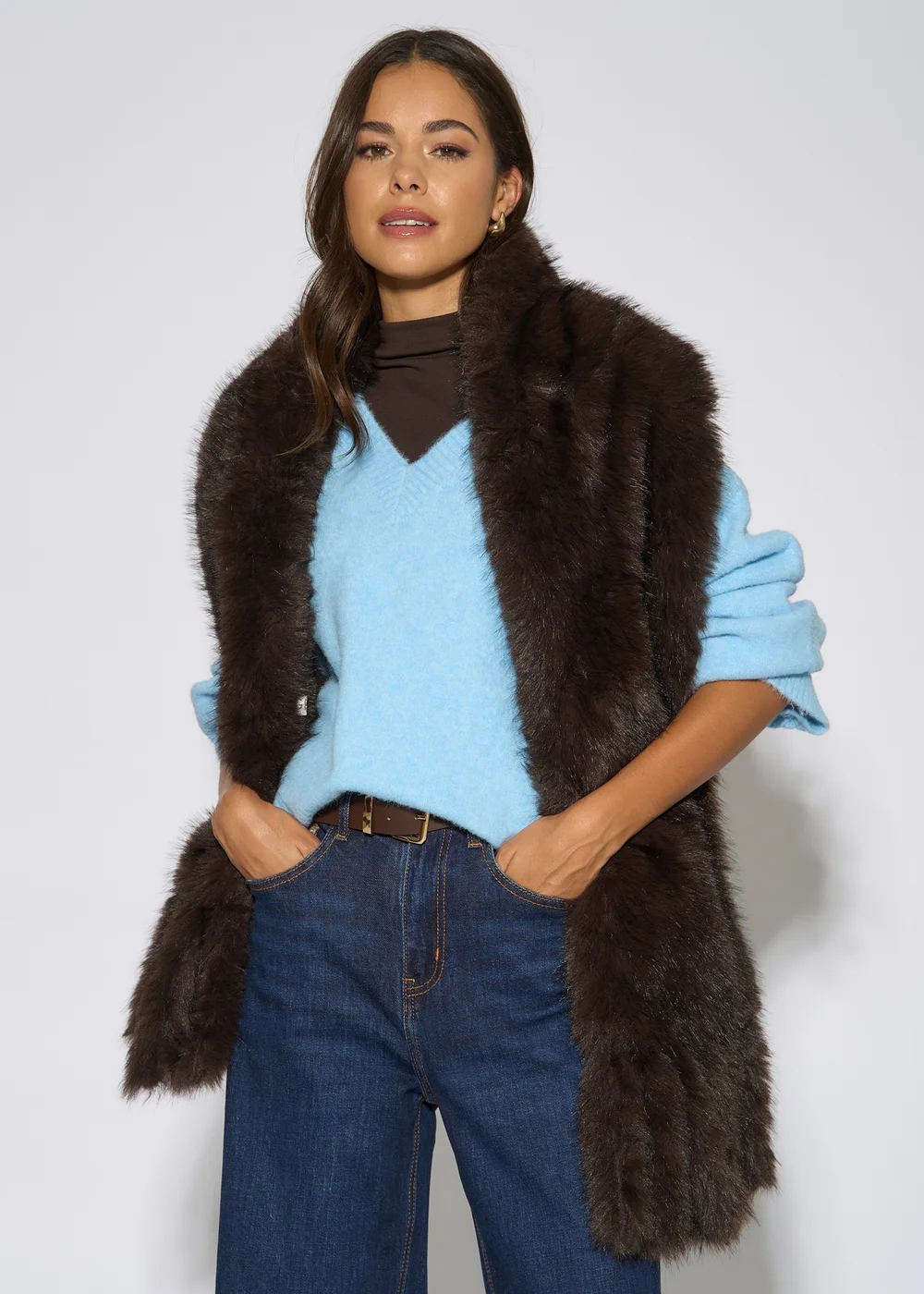 Gini London Brown Faux Fur Tassel Scarf - One Size Image 1