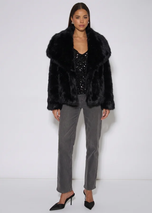Gini London Black Ombre Lapel Faux Fur Jacket