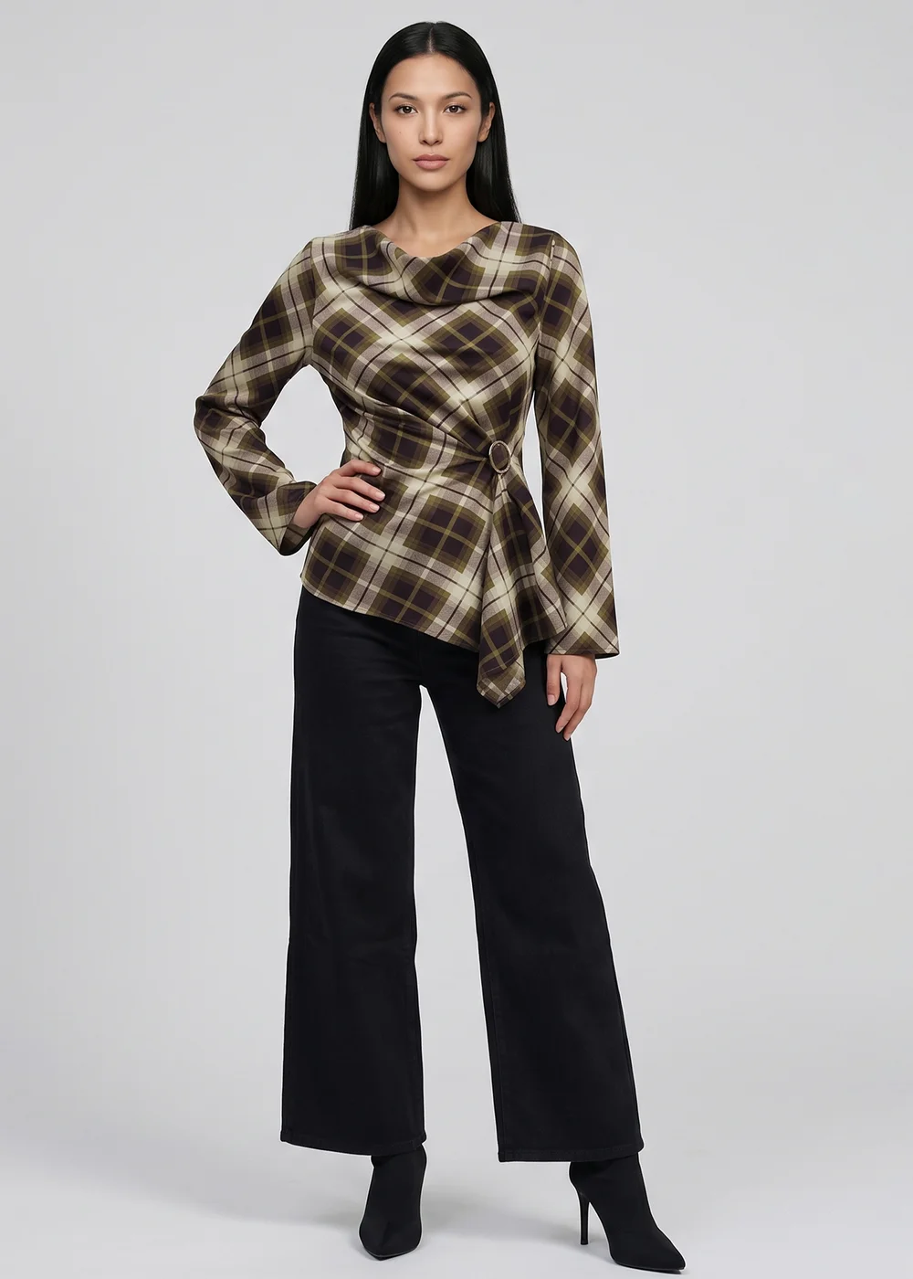 Gini London Khaki Check Cowl High Neck Ruched Side Blouse - 16 Image 1